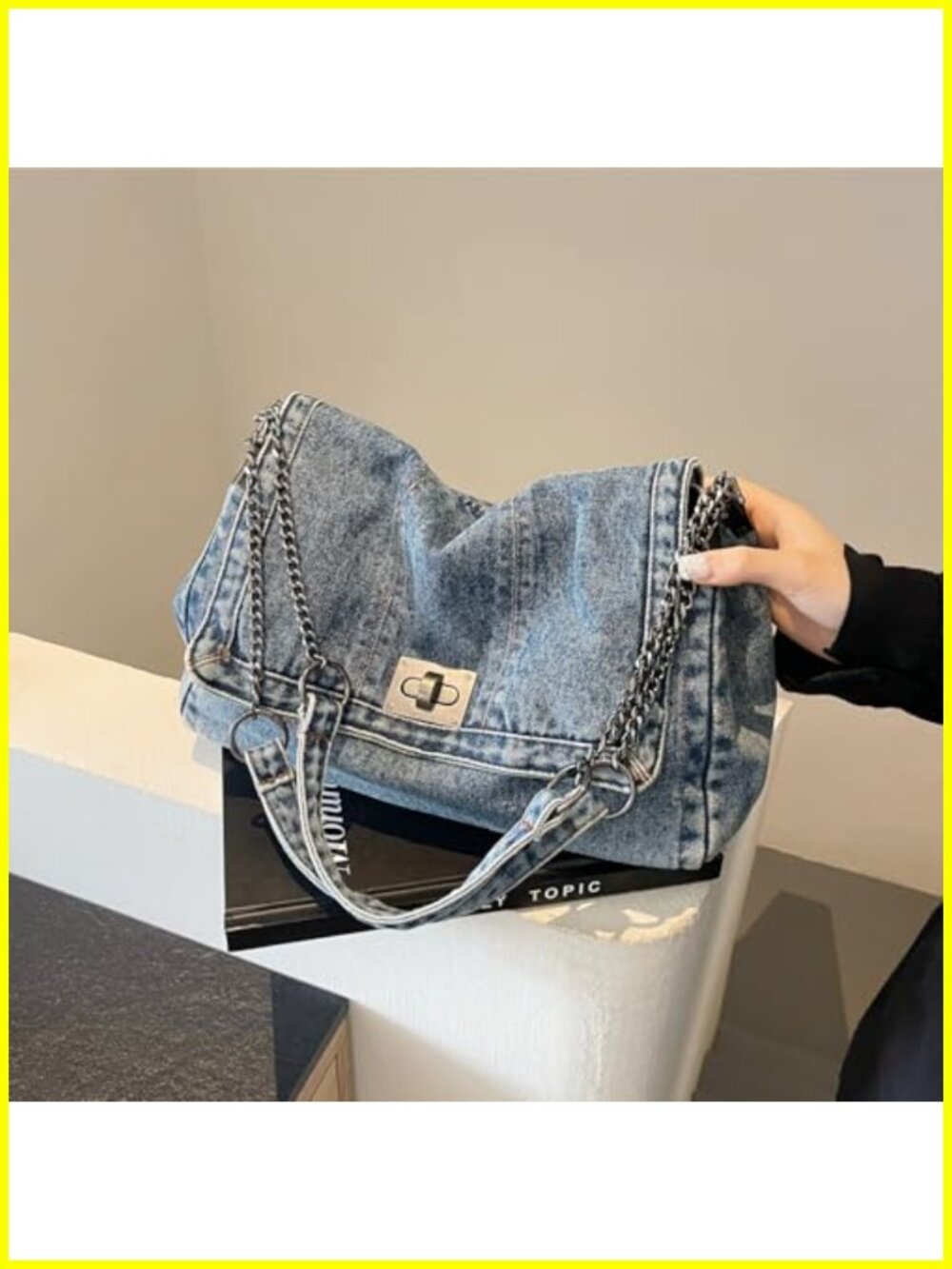 Large Denim Tote Bag for Women Crossbody Shoulder Turn-Lock Closure - Picture 5 of 6